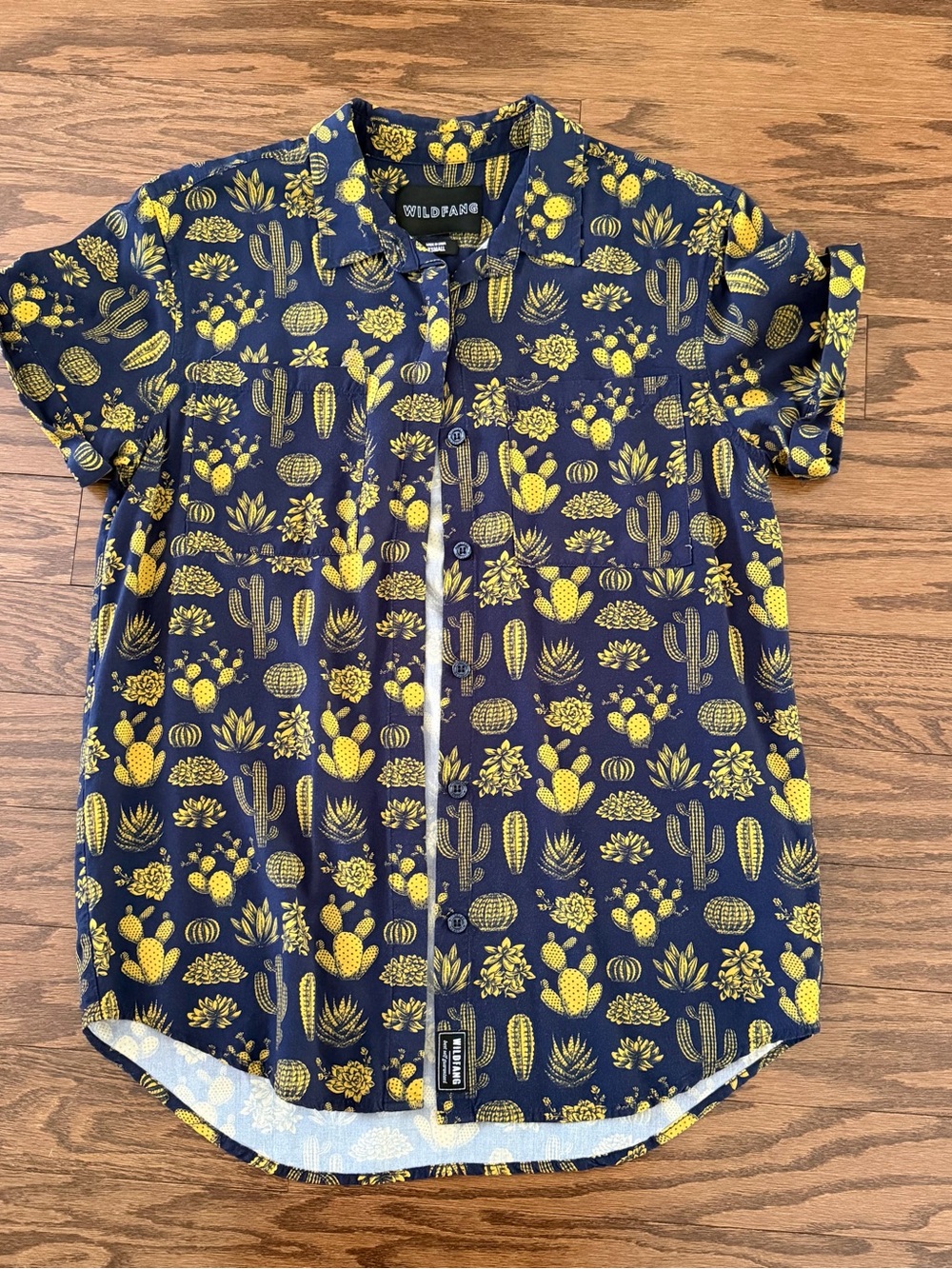 Wildfang Navy and Yellow Cactus-Print Short Sleeve Button-Down Shirt